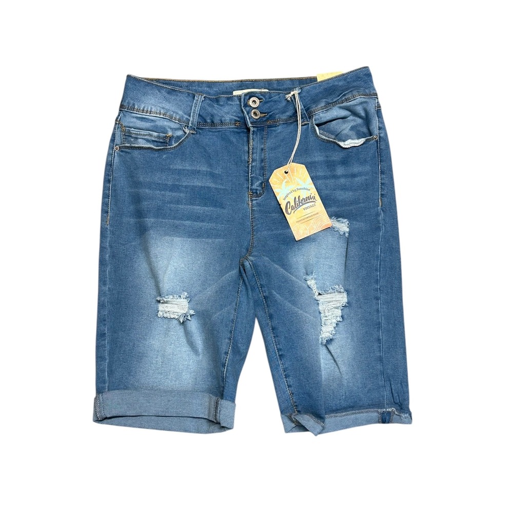 California Vintage Womens Blue Denim Distressed Cuffed Shorts Size 13